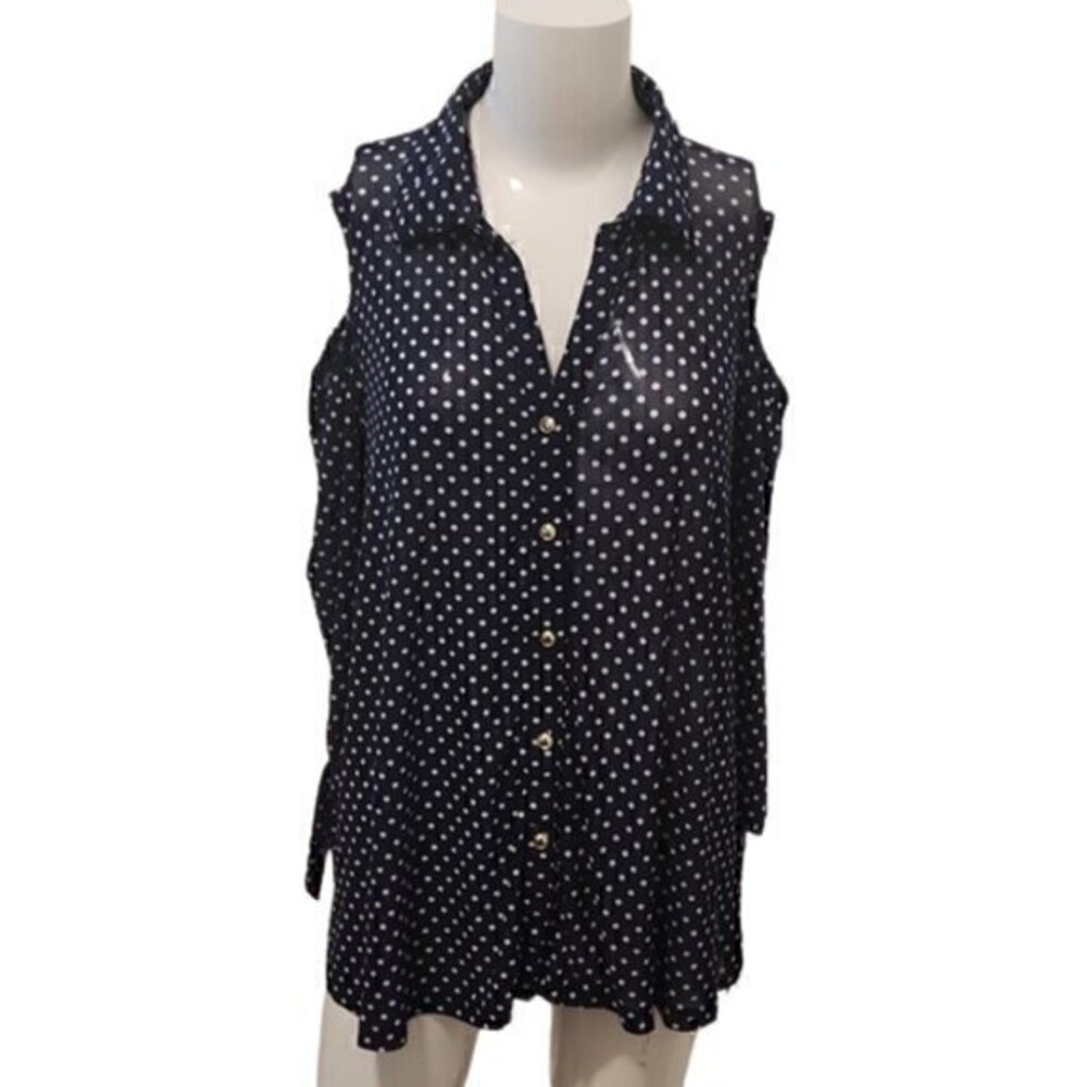 [Ember] Blue Polka Dot Cold  Shoulder Long Sleeve Button Down - Size XL